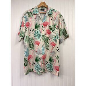 Pacific & Co Mens Pink Flamingo Hawaiian Camp Shirt Men Size Small Tropical FLAW